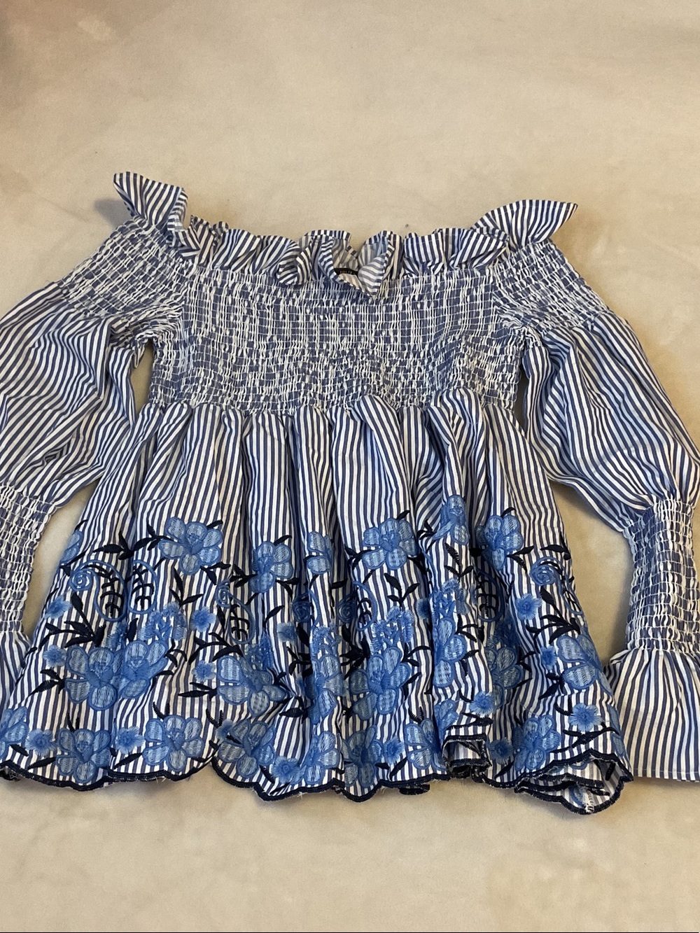 Romeo & Juliet Couture Blue & White Striped Off-Shoulder Embroidered Top